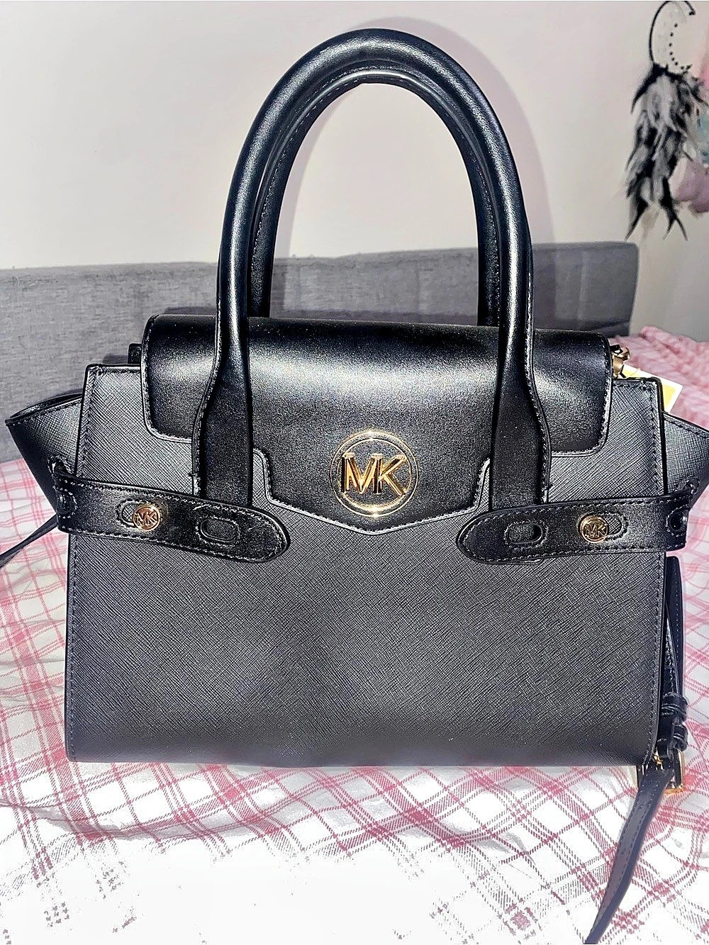 Michael Kors Carmen Small Saffiano Leather Belted Satchel in Black